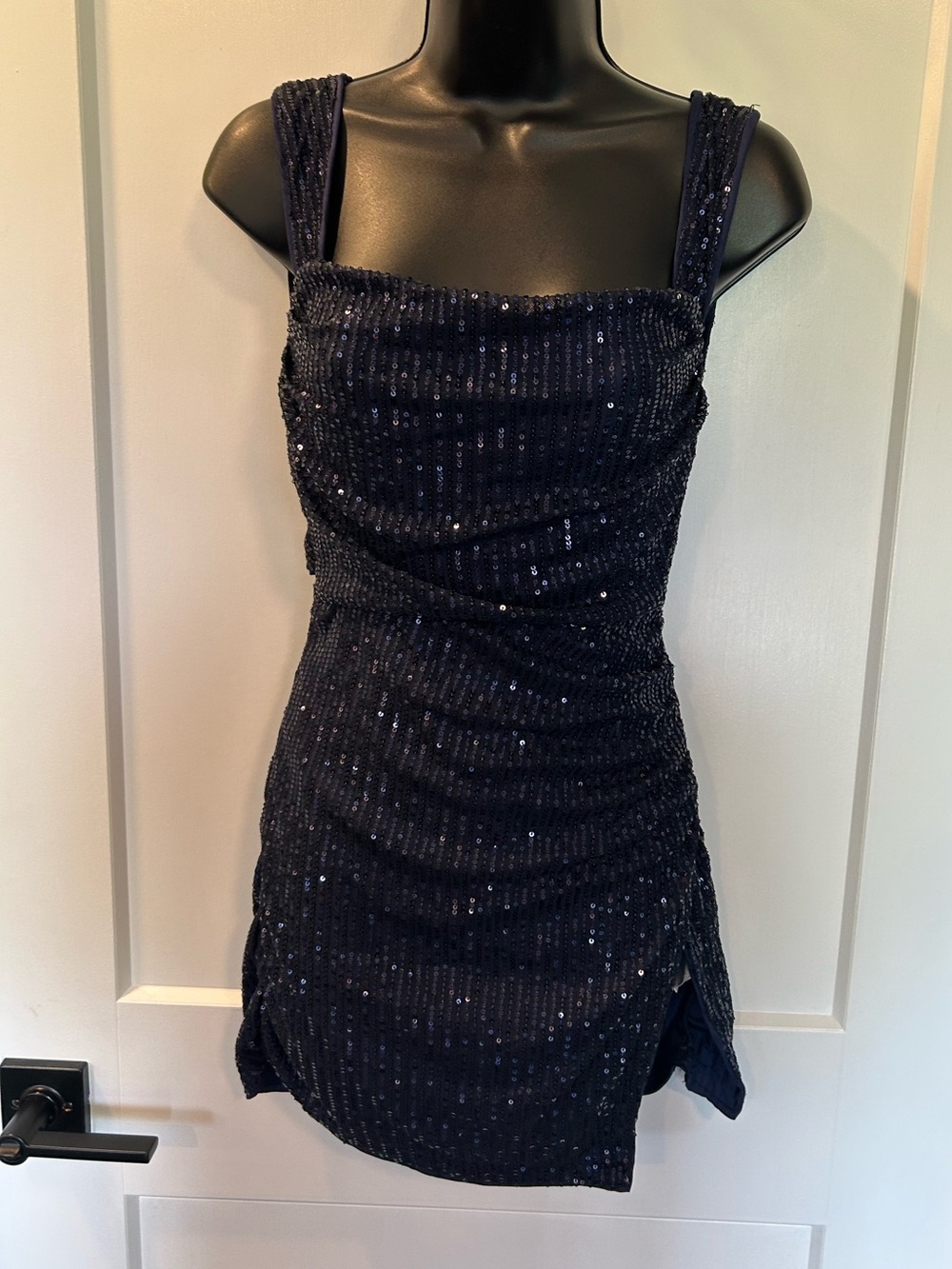 SHEIN Navy Sequin Ruched Square-Neck Mini Dress